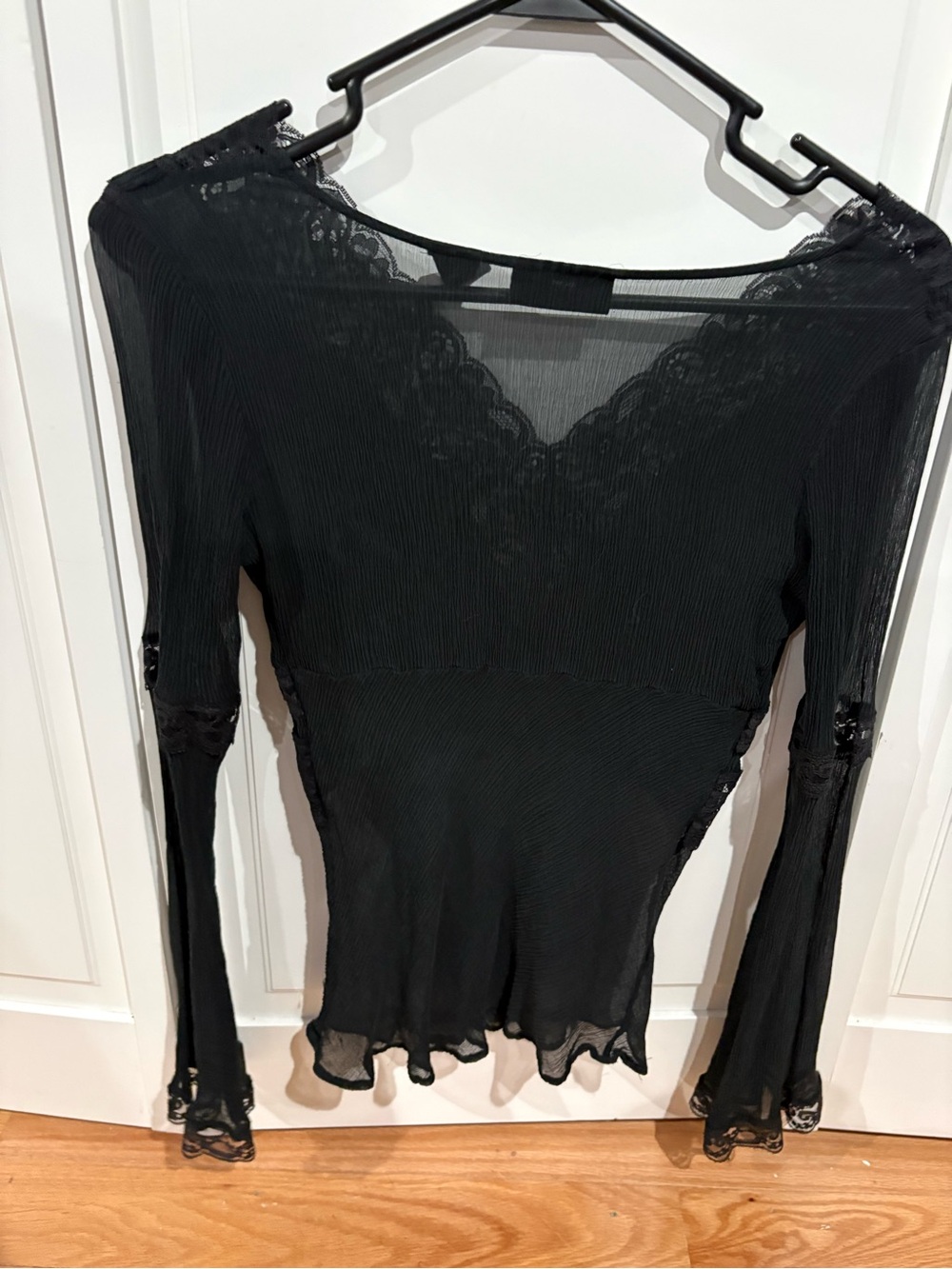 Guess Black Lace-Trim Long Sleeve Mesh Top
